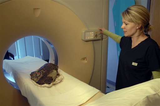 This image provided Montana State University shows CT technician, Tanya Spence preparing to run a 75 million-year-old turtle fossil through a CT scanner at Deaconess Hospital in Bozeman, Mont. (AP Photo/Montana State University, Kelly Gorham)